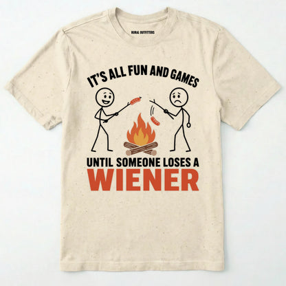 Natural funny wiener shirt with humorous campfire graphic and text on a white background