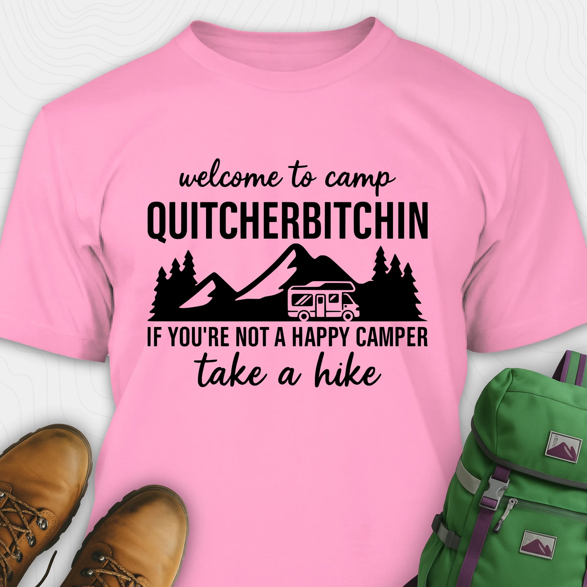 Pink camp quitcherbitchin shirt with rv and mountain graphic