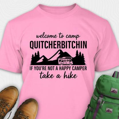 Pink camp quitcherbitchin shirt with rv and mountain graphic