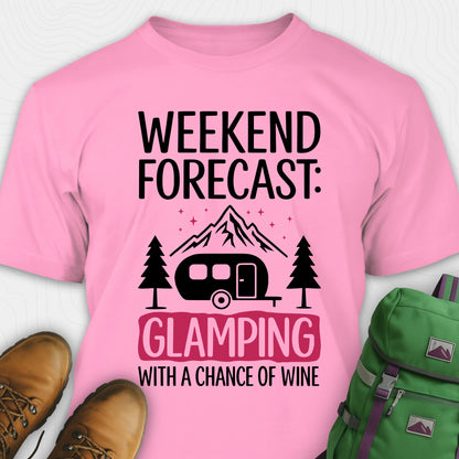 Pink glamping shirt with camping trailer and forest illustration