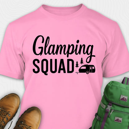 Pink glamper shirt with cute camper and trees design and "Glamping squad" text