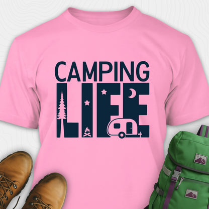 Pink camp life shirt featuring camper and pine tree design