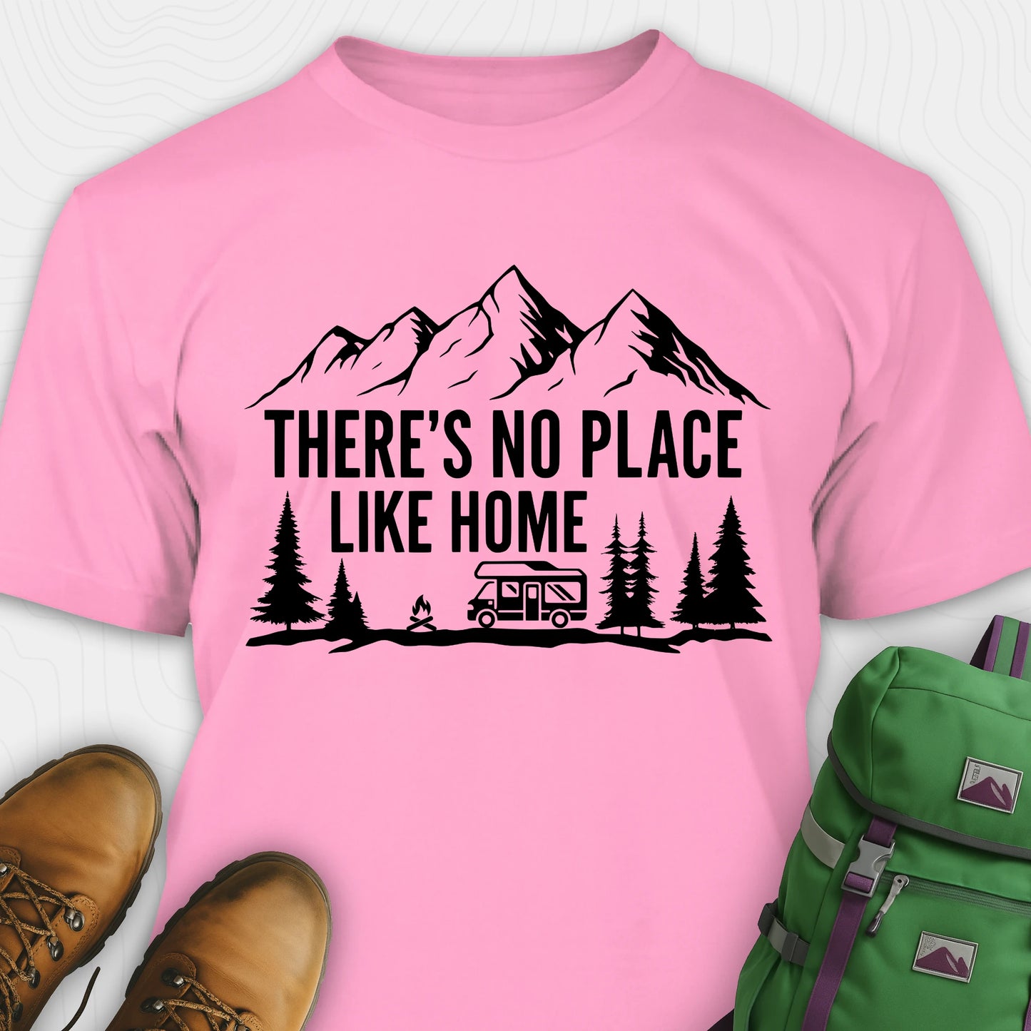 Pink theres no place like home shirt with camper and mountain graphic