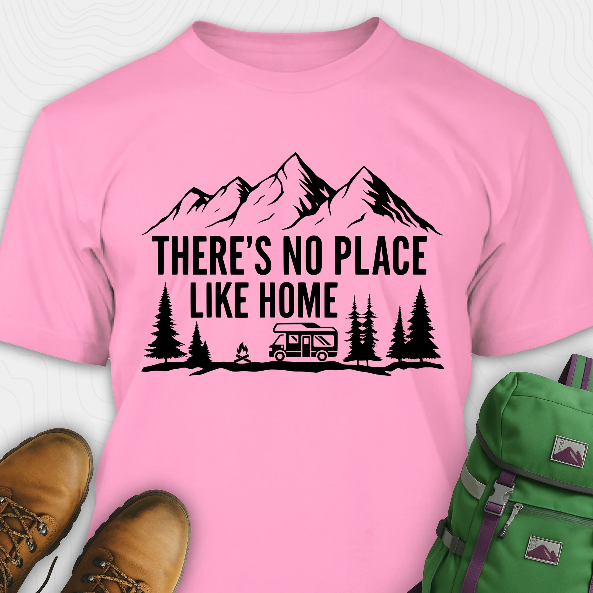 Pink theres no place like home shirt with camper and mountain graphic