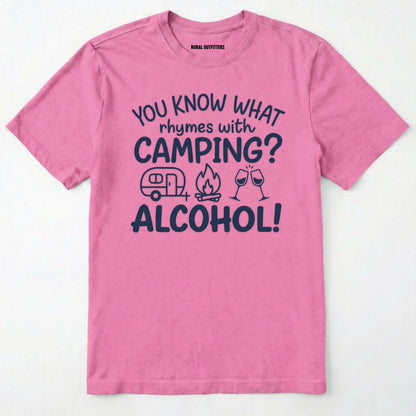 Azalea you know what rhymes with camping alcohol shirt with camper, fire, and wine glass graphics on a white background.