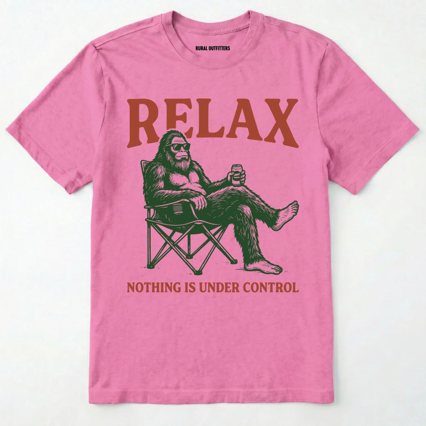 Azalea Relax Nothing is Under Control t-shirt with a graphic of a relaxed bigfoot drinking beer on a white background.