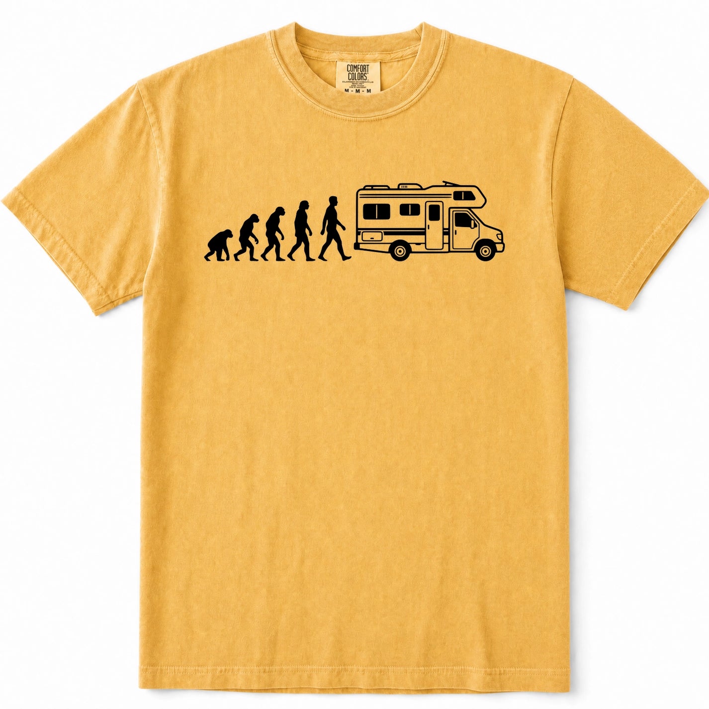 Mustard short-sleeve crewneck t-shirt featuring a black graphic print of the evolution of man leading up to a walking figure next to a camper RV.