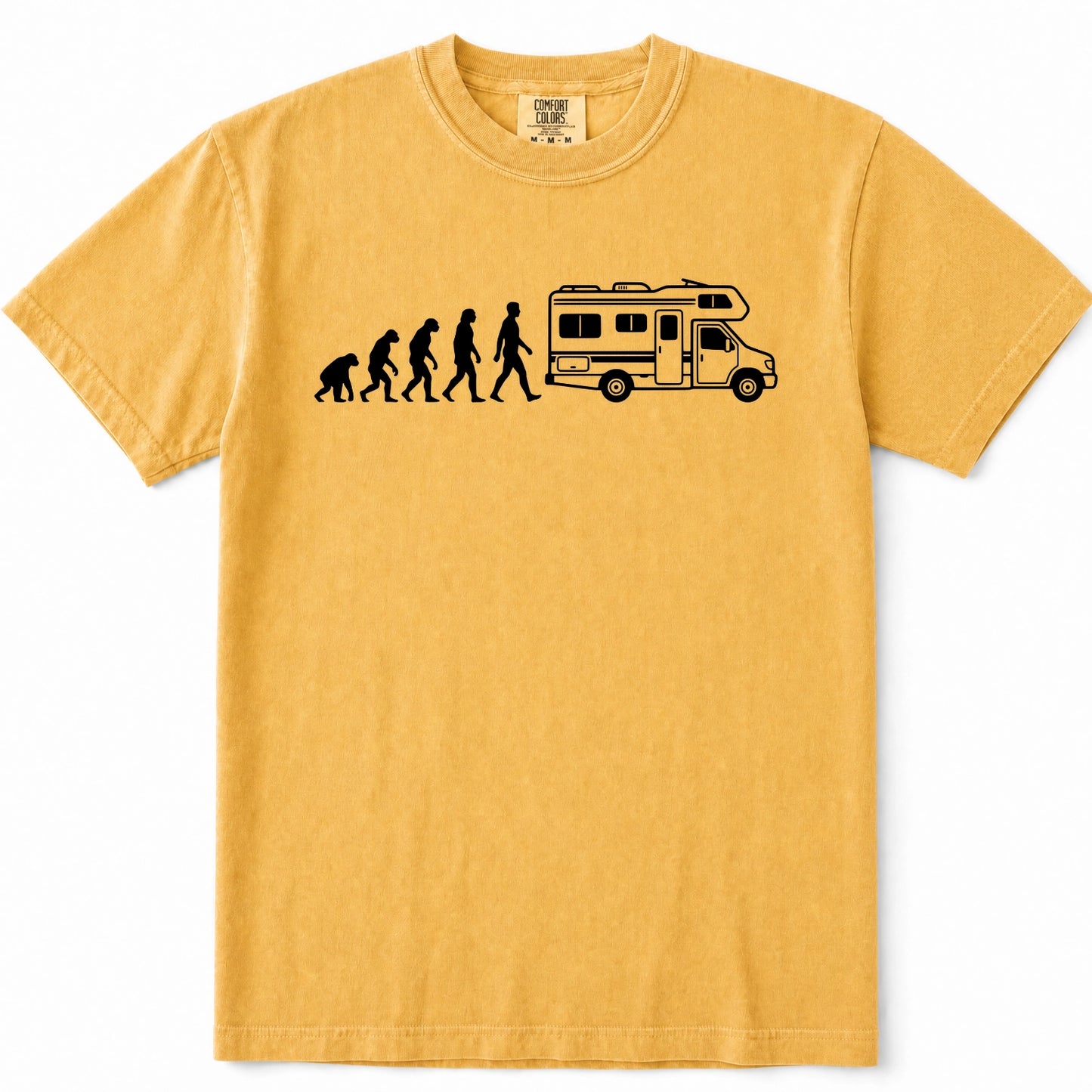 Mustard short-sleeve crewneck t-shirt featuring a black graphic print of the evolution of man leading up to a walking figure next to a camper RV.