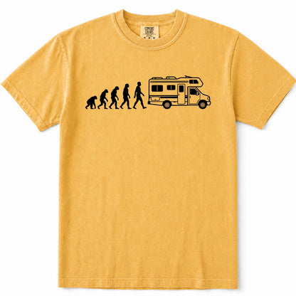 Mustard short-sleeve crewneck t-shirt featuring a black graphic print of the evolution of man leading up to a walking figure next to a camper RV.