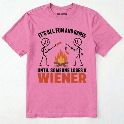 Azalea funny wiener shirt with humorous campfire graphic and text on a white background