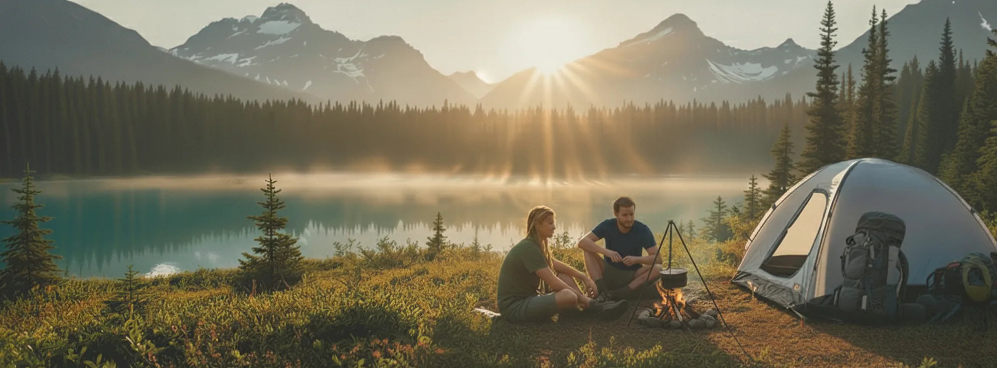 Two people camping by a lake with mountains in the background
