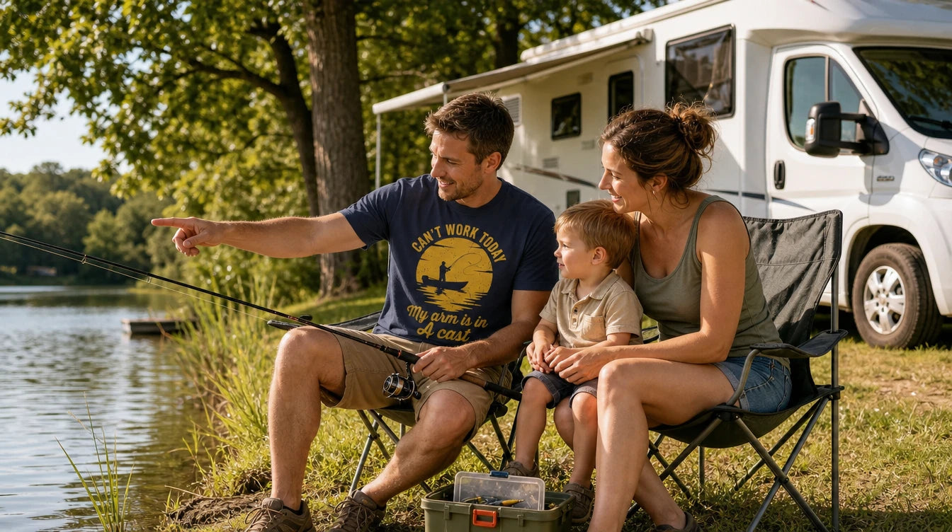 Family by a lake with a camper van, enjoying outdoor activities.