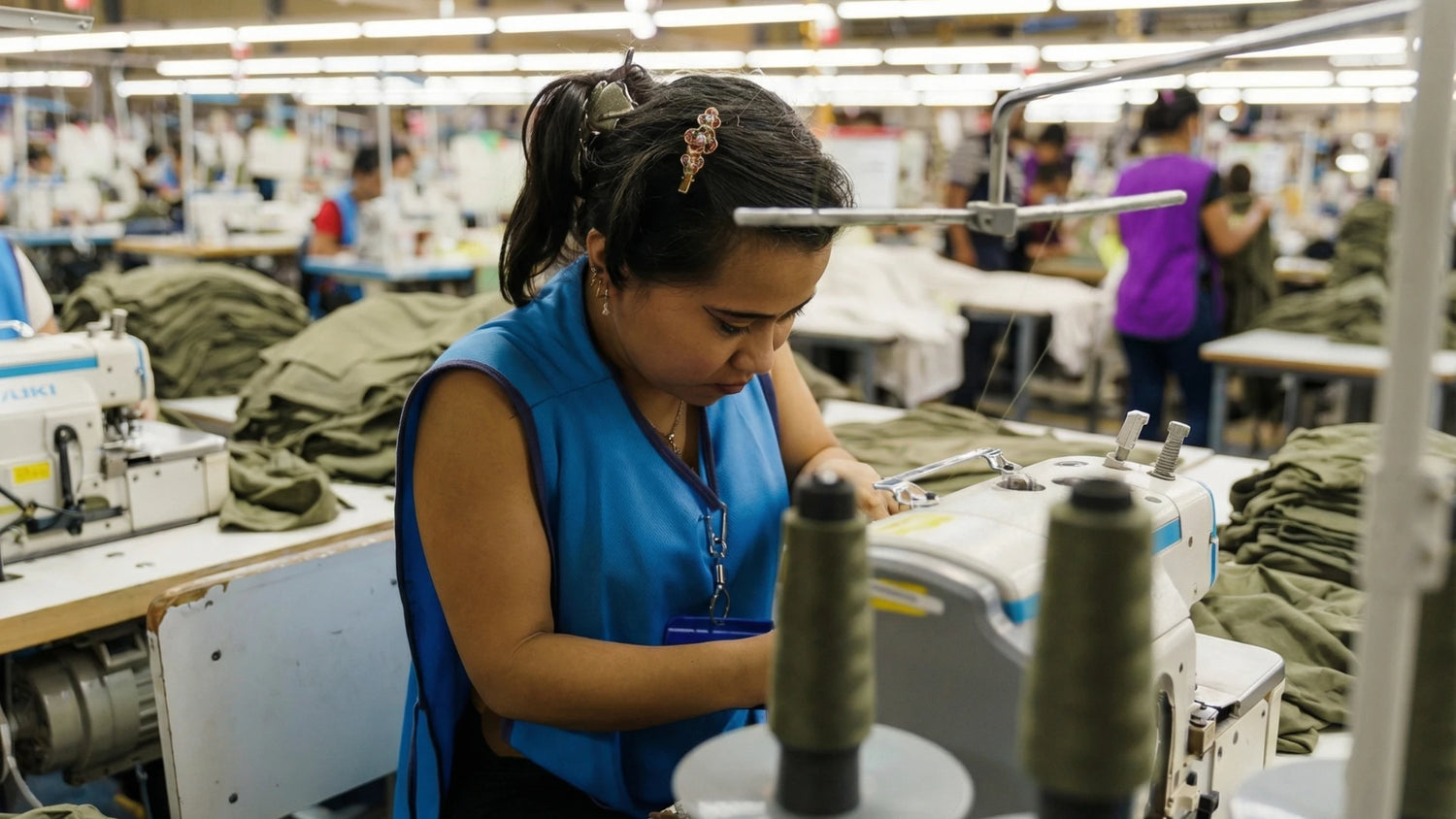 A woman wearing a blue vest sits at an industrial sewing machine in a garment factory, looking down with focus as she stitches olive-green fabric. Large spools of green thread are prominent in the foreground, while the background shows a brightly lit, busy workshop with rows of lights.