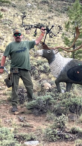 Hunter holding a bow over an elk in a mountainous landscape