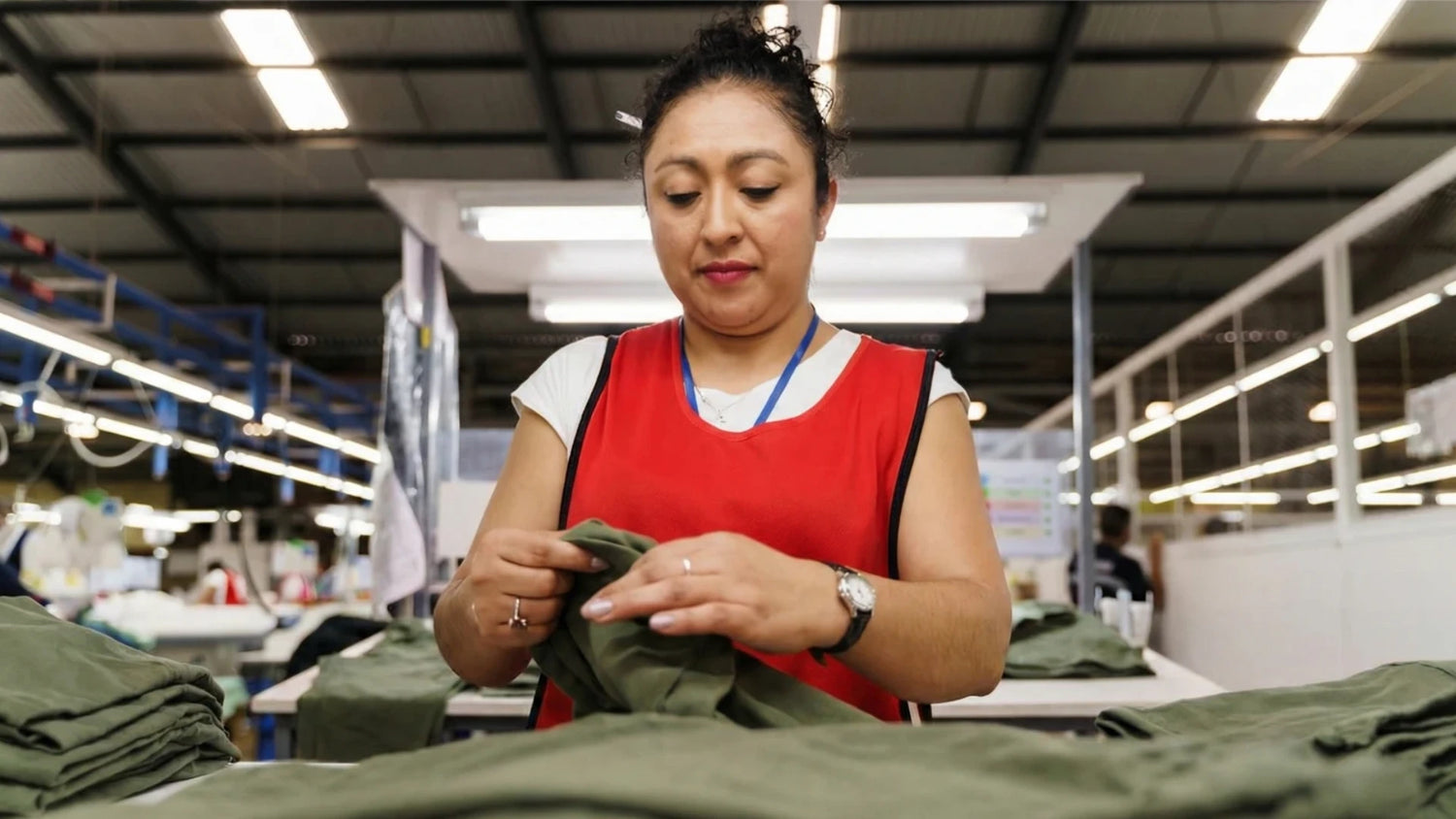 A woman wearing a red apron over a white shirt stands at a table in a brightly lit garment factory, focused on inspecting and folding olive-green clothing. In the background, rows of overhead lights, industrial equipment, and other blurred workers are visible.